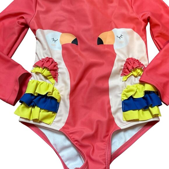 Koala Kids Baby Girl 12-18M Pink Flamingo Ruffle Long Sleeve One Piece Swimsuit - Picture 2 of 4